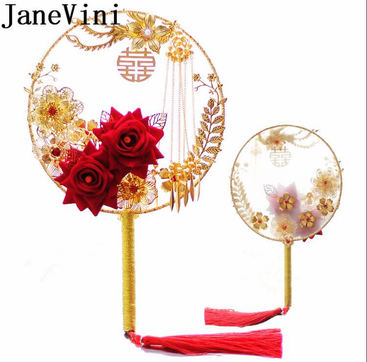 JaneVini Luxe Gouden Bloemen Fan Ronde Rode Roos Kunstmatige Bruidsboeket Chinese Stijl Parel Kralen Wedding Boeket Bruid Fans