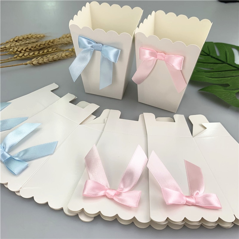 Mini cajas de papel para palomitas con lazo caja para recuerdos de Baby Shower, de cumpleaños, recuerdos, artículos para mesa, color rosa/Azul, 6 uds.