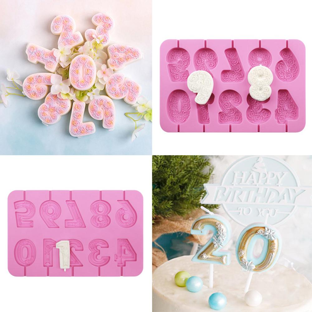 DIY 0-9 Number Silicone Mold Rose Candle Birthday Cake Lollipop Biscuit Chocolate Mold Heat Resistant Number Shape Silicone Mold