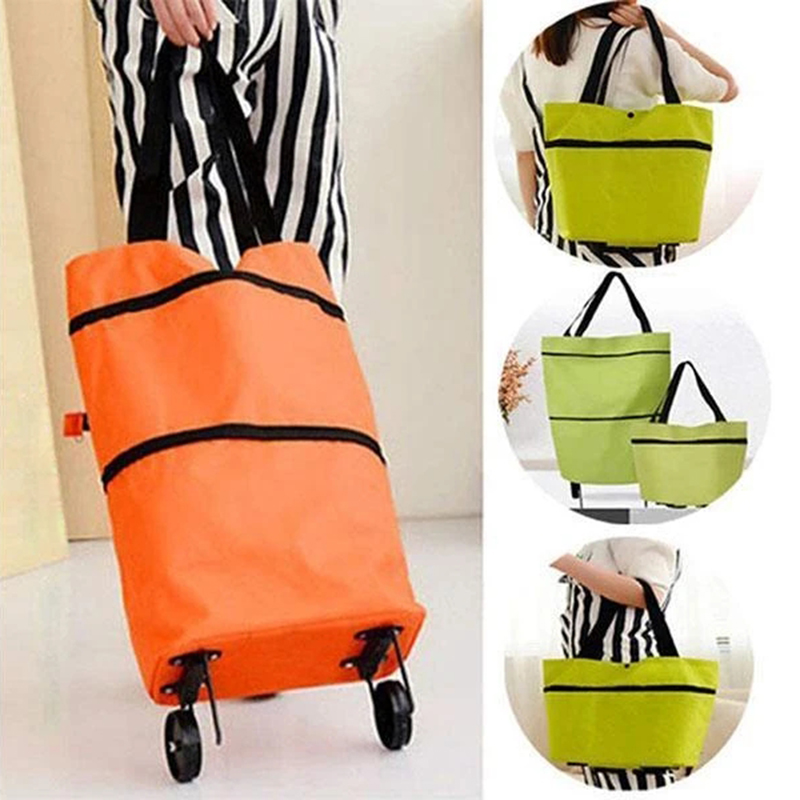 2 In 1 Foldable Shopping Cart Collapsible Two-Stage Zipper Folding Shopping Bag With Wheels Foldable organizador