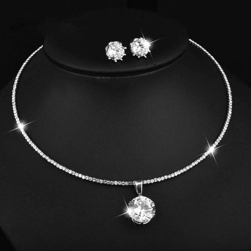 SINLEERY – ensemble de bijoux en zircone pour femmes, boucles d'oreilles rondes et ras du cou, collier Torques, ZD1 SSP: white gold plated