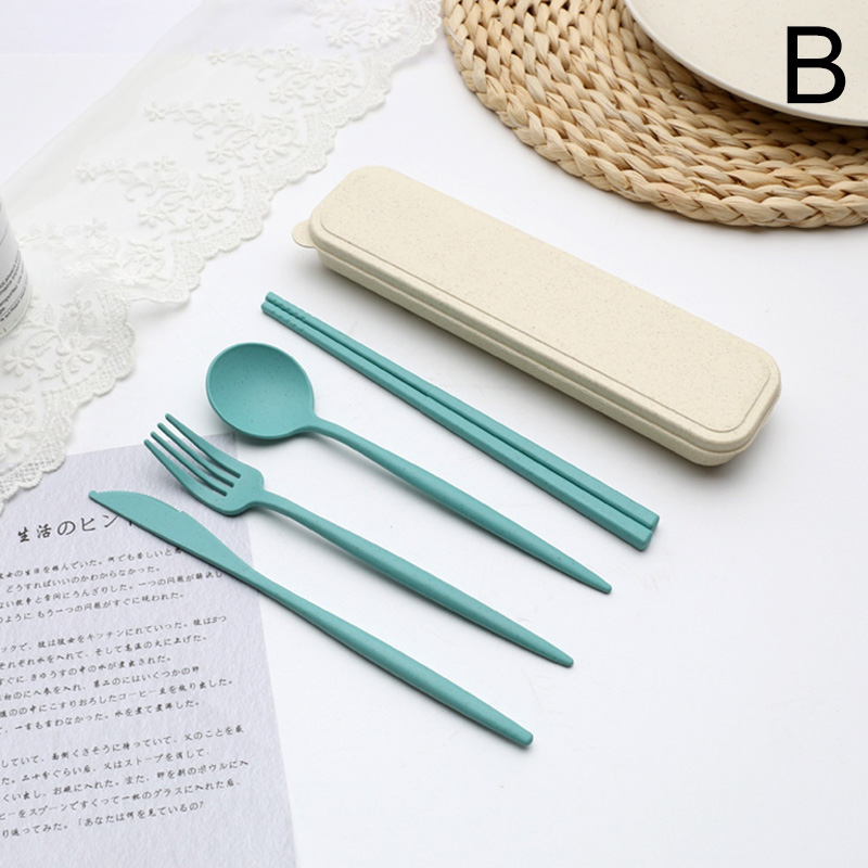 Wheat Straw Cutlery Set Cutlery Fork Spoon And Chopsticks Portable Cutlery Set Solid Color Storage Cutlery Set: B