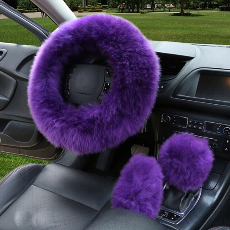 Bil lang plys varm rattæppe uld håndbremse universal 3 stk / sæt kunstig pels auto interiør ratdæksler: Violet