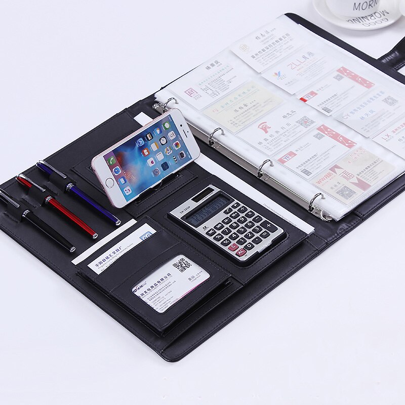 Portafolio de cuero PU A4 para negocios, soporte para archivos, carpeta de letreros para conferencias de ventas, con calculadora, estante de soporte móvil