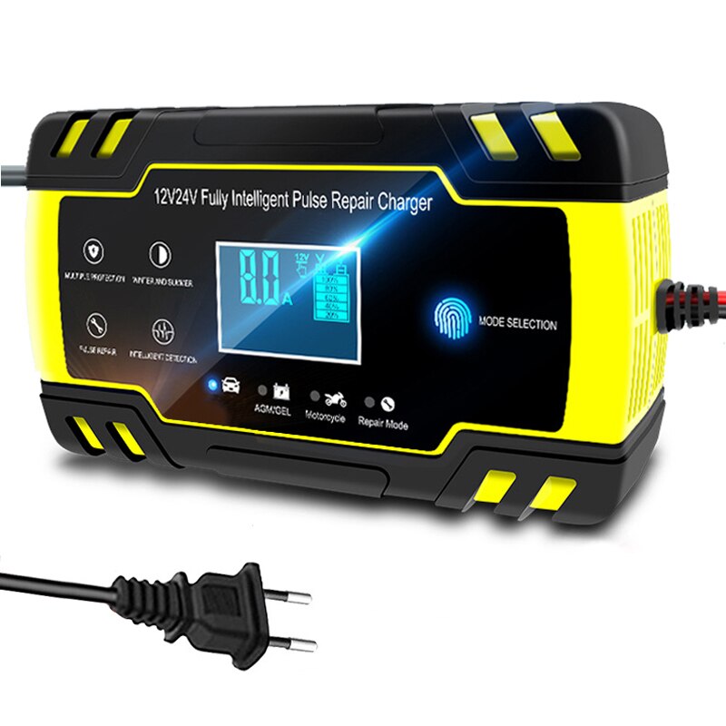 Car Intelligent Battery Charger 24V/4A 140W Multiple Protection Full Automatic Battery-charger Pulse Repair Digital Chargers: Yellow EU