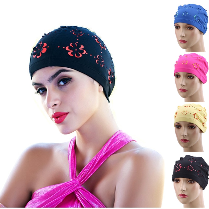 Svømning hat kvinder unisex piger langt hår badehætte badehætte stræk drape fri størrelse svømme pool sport elastisk turban