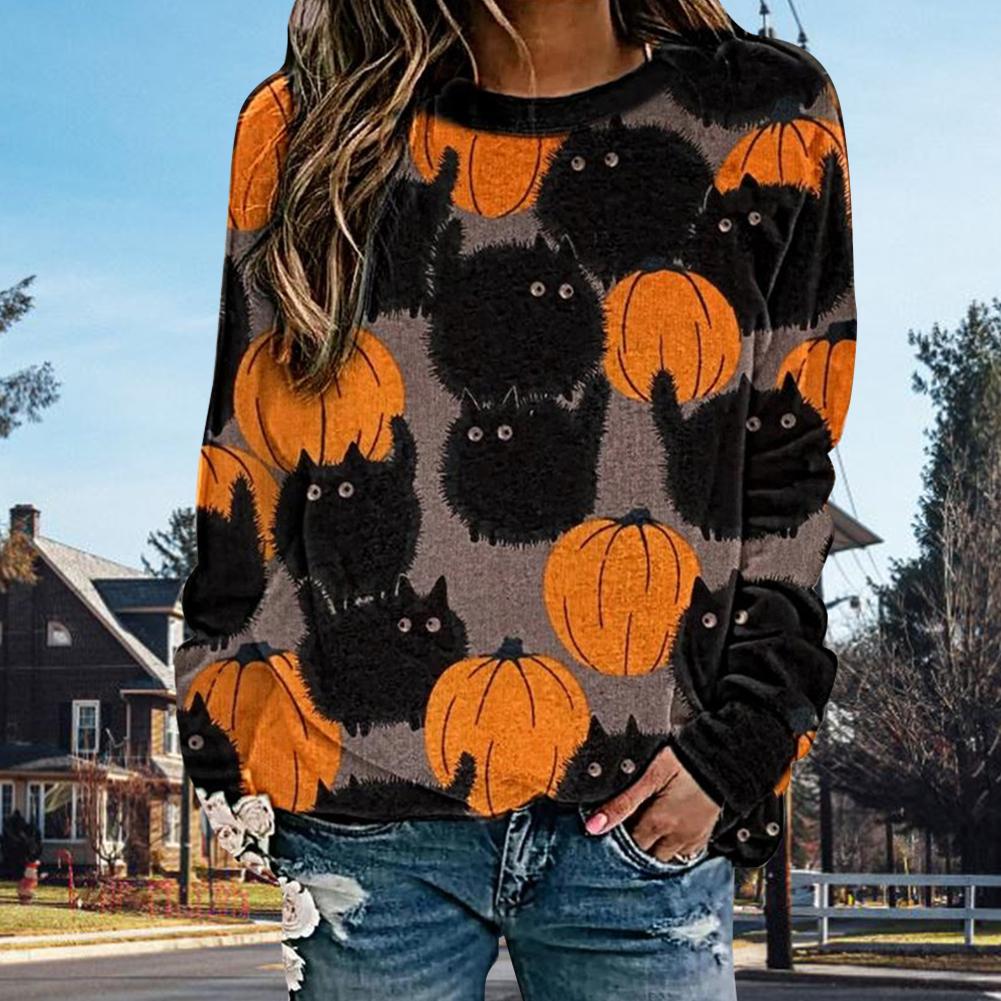 Vrouwen Pompoen Patroon Ronde Hals Sweatshirt Acetaat Fiber Lange Mouwen Voor Halloween Outdoor Indoor