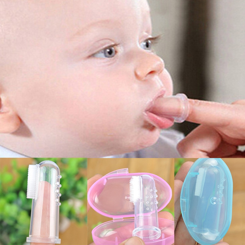 Baby finger tandbørste silikontandbørste + æske børnetænder klar blød silikone spædbarn tandbørste gummirengøring