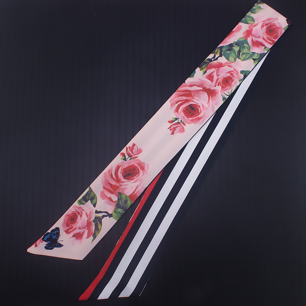 110*7cm tynde kvinder slips rose blomst print kvinder silketørklæde bælte mærke håndtaske små lange tørklæder: 2
