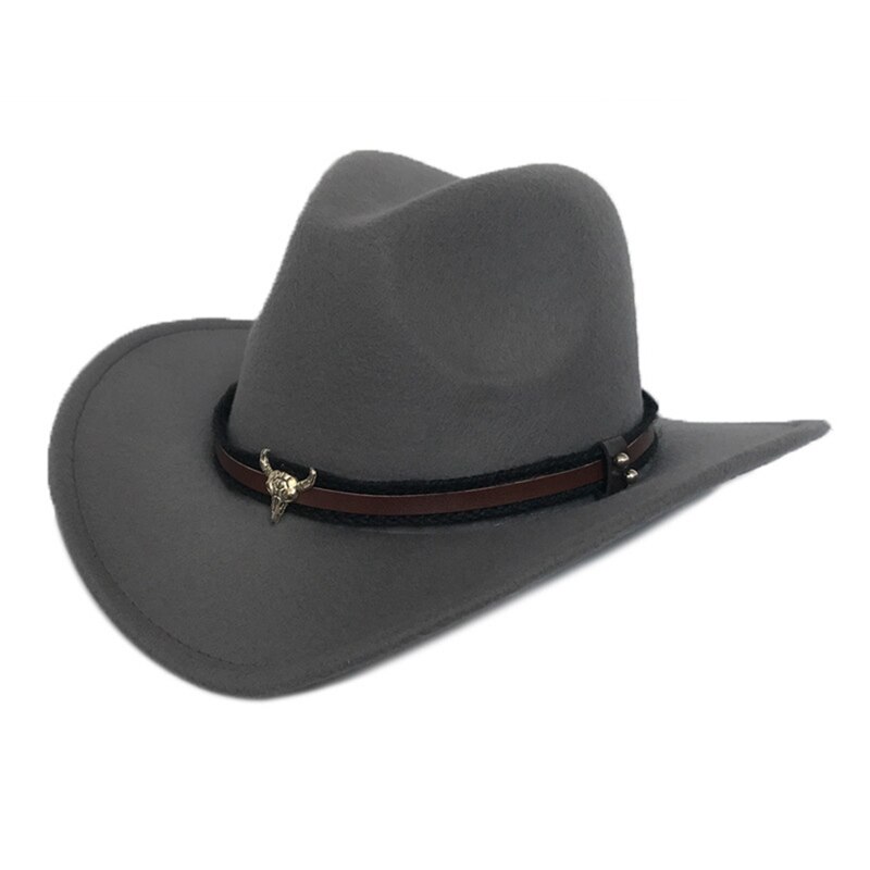 Kvinder mænd uld klassisk western cowboy hat roll-up bred kant rand punk læder bælte jazz cap med tauren læder bælte cowboy hat