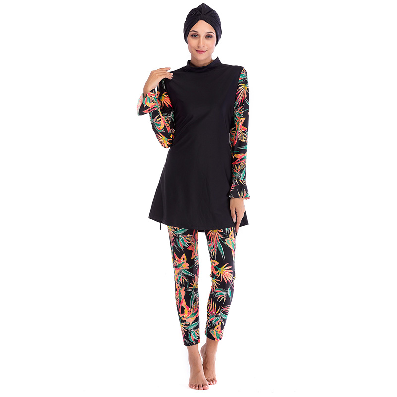 YONGSEN Muslim Swimwear Women Modest Patchwork Hijab Long Sleeves Sport Swimsuit Islamic muslimah Burkinis Wear Bathing Suit: Black / S