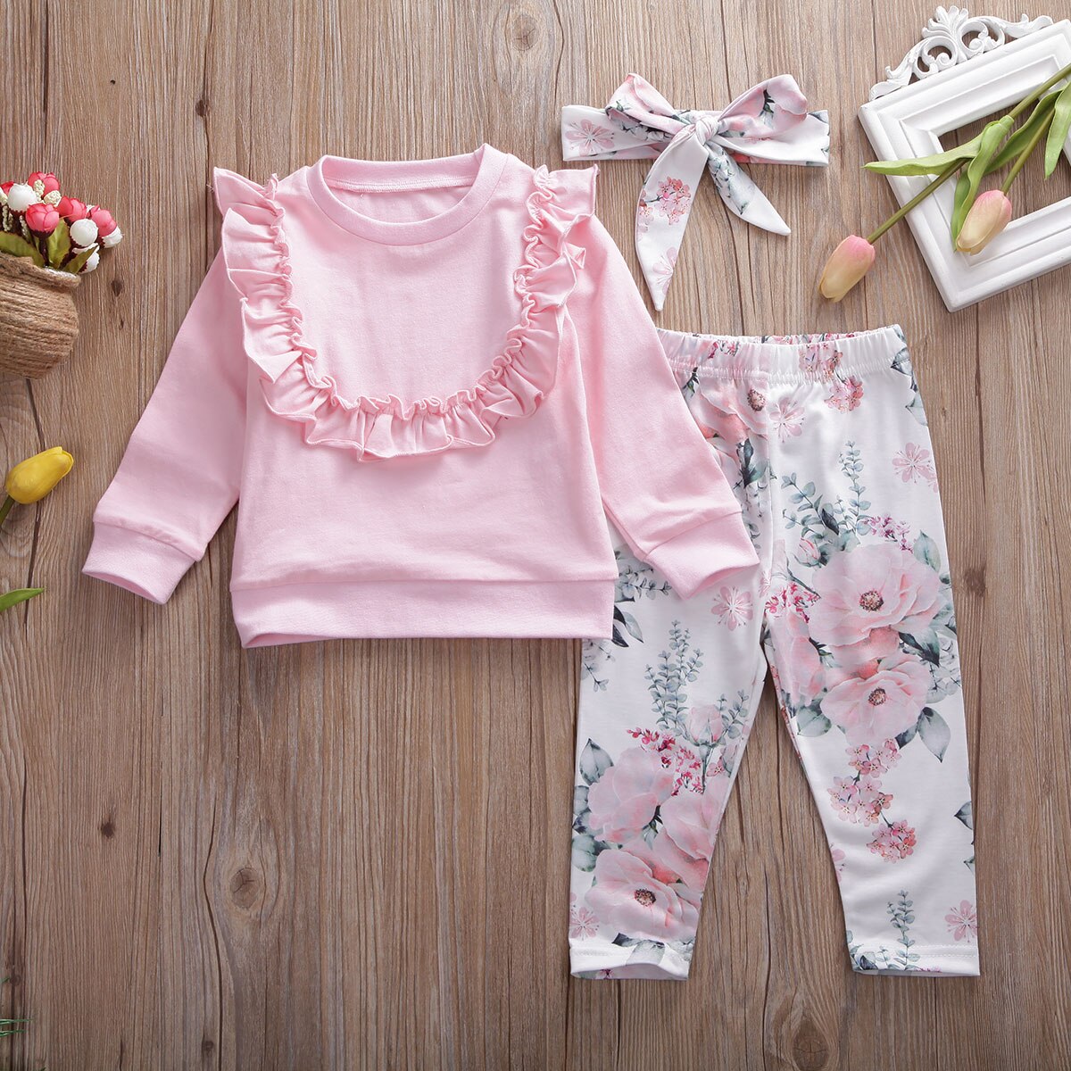 Focalisat ensemble de vêtements 3 pièces pour filles | Haut à manches longues, pantalon, bandeau, ensemble de vêtements pour 6-24 mois