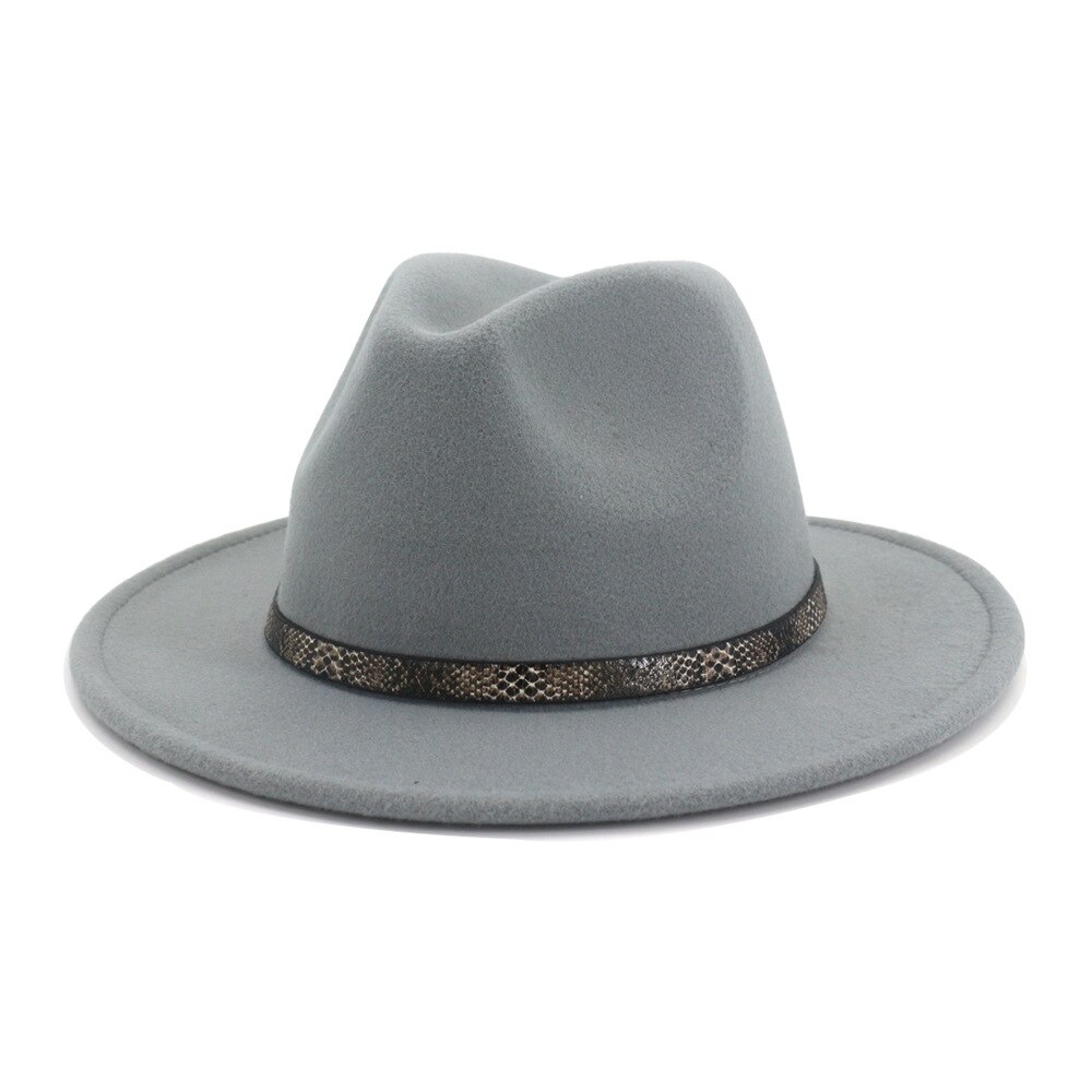 Felt Fedoras Hat Women Solid Imitation Wool Fedoras Snakeskin Pattern Band Tourist Cap Outdoor Jazz Caps Gorras for Lady Girls: light gray