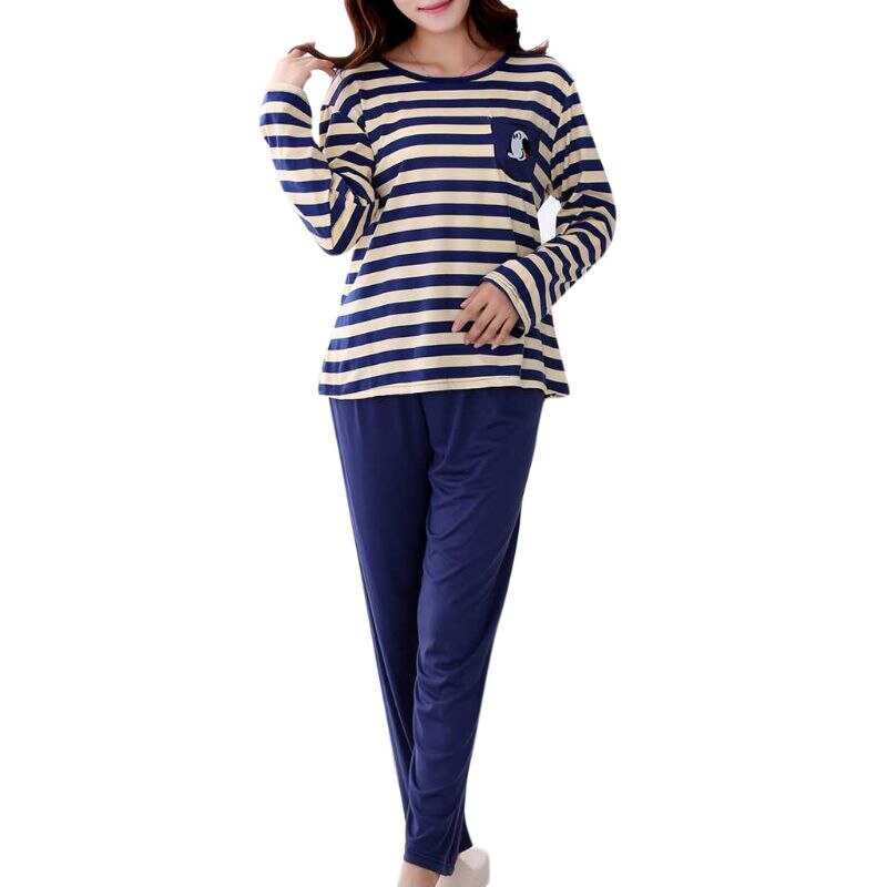 Lovers Milk Fiber Pajamas Set Spring Cartoon Embroidered Pocket Stripe Sleepwear E15E: Girl Size XL