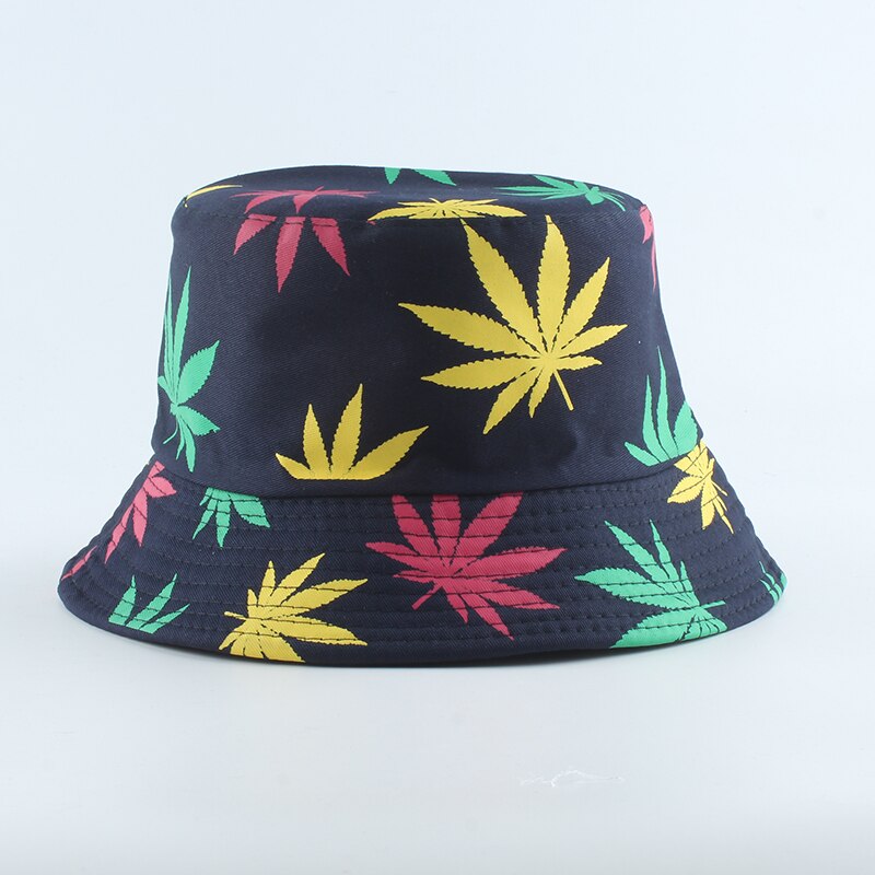 Hip hop grøn hvid sort blad print fiskeri hat panama spand hatte til mænd kvinder sommer bob vendbar spand cap: Farverig marineblå