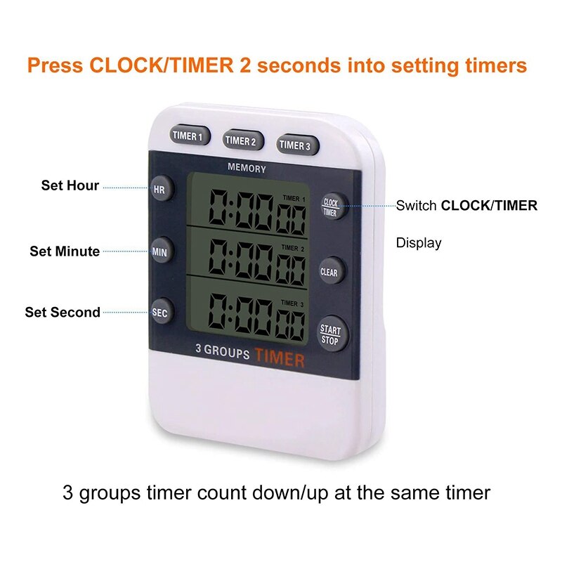 Digital Timer 100 Hour Triple Count Down/Up Clock Timer Kitchen Cooking Timer with LCD Display Loud Alarm net Bracket