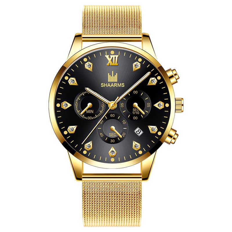 SHAARMS Men's Wristwatch Blue DialCasual Quartz Watch Stainless Steel Mesh Band Watch Date Clock Reloj Hombre