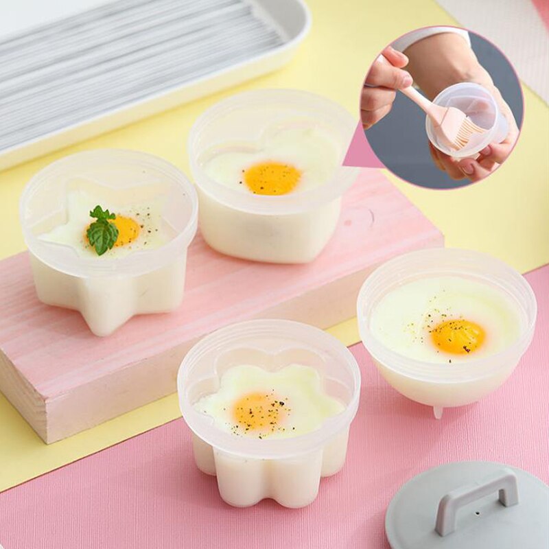 4 Pcs/Set Cute Egg Boiler Plastic Egg Poacher Set Kitchen Egg Cooker Tools Egg Mold Form With Lid Brush Pancake Maker