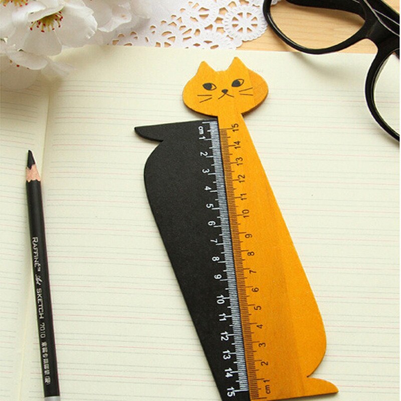 15 Cm Mooie Kat Vorm Heerser Leuke Hout Dier Straight Heersers Voor Kids School Leren Benodigdheden Briefpapier Zwart Geel