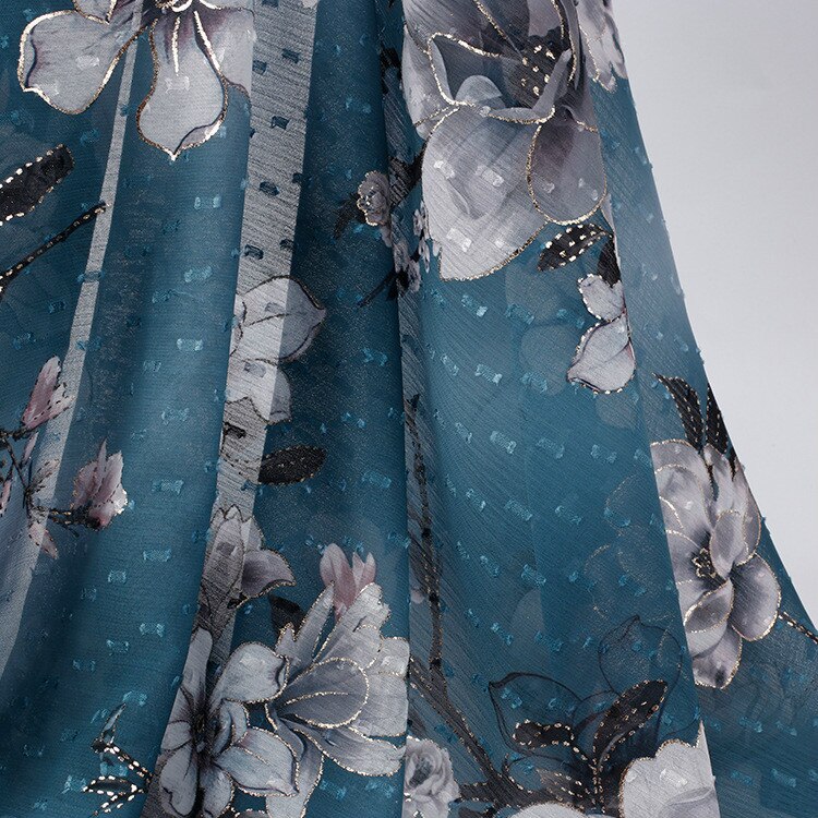 Soft Blue Plum Patroon Bronzing Gedrukt Chiffon Tule Stof Voor Trouwjurk, Door De Meter,150 Cm Breedte: Default Title