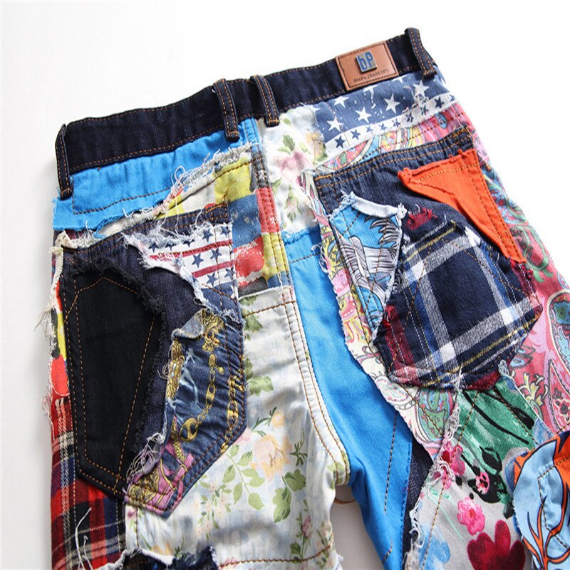 Men's Patchwork Spliced Ripped Denim Jeans Male Slim Colored Patch Buttons Fly Straight Pants