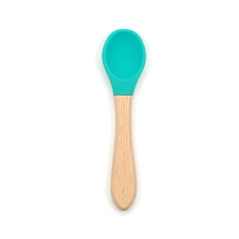 2PCS Baby Bamboo Training Spoons Organic Soft Baby Feeding Silicone Tip Spoon Scoop Easy Grip Handle Toddlers Infant: turquoisse