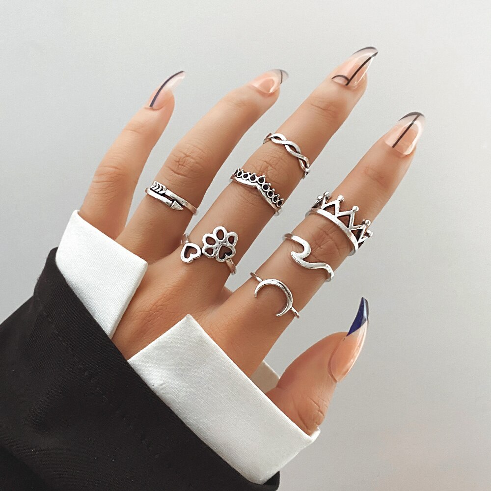 FNIO Trend Silver Color Geometric Personality Rings Set For Men Women Hip-Hop Punk Rings Party Jewelry