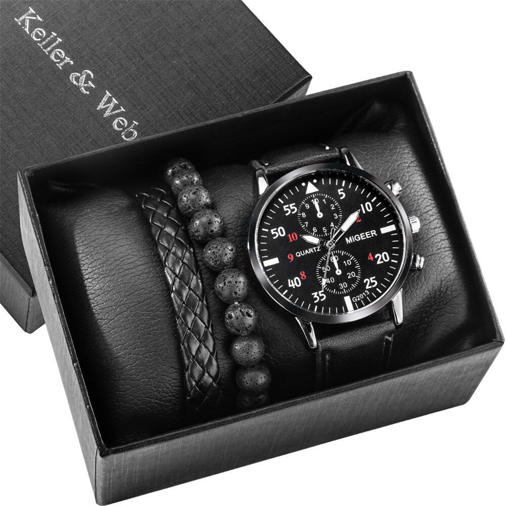 Reloj de pulsera de cuero de cuarzo para hombre y mujer, Set de 3 piezas con caja de , pulseras de , de cumpleaños para Hijo/marido/amigos