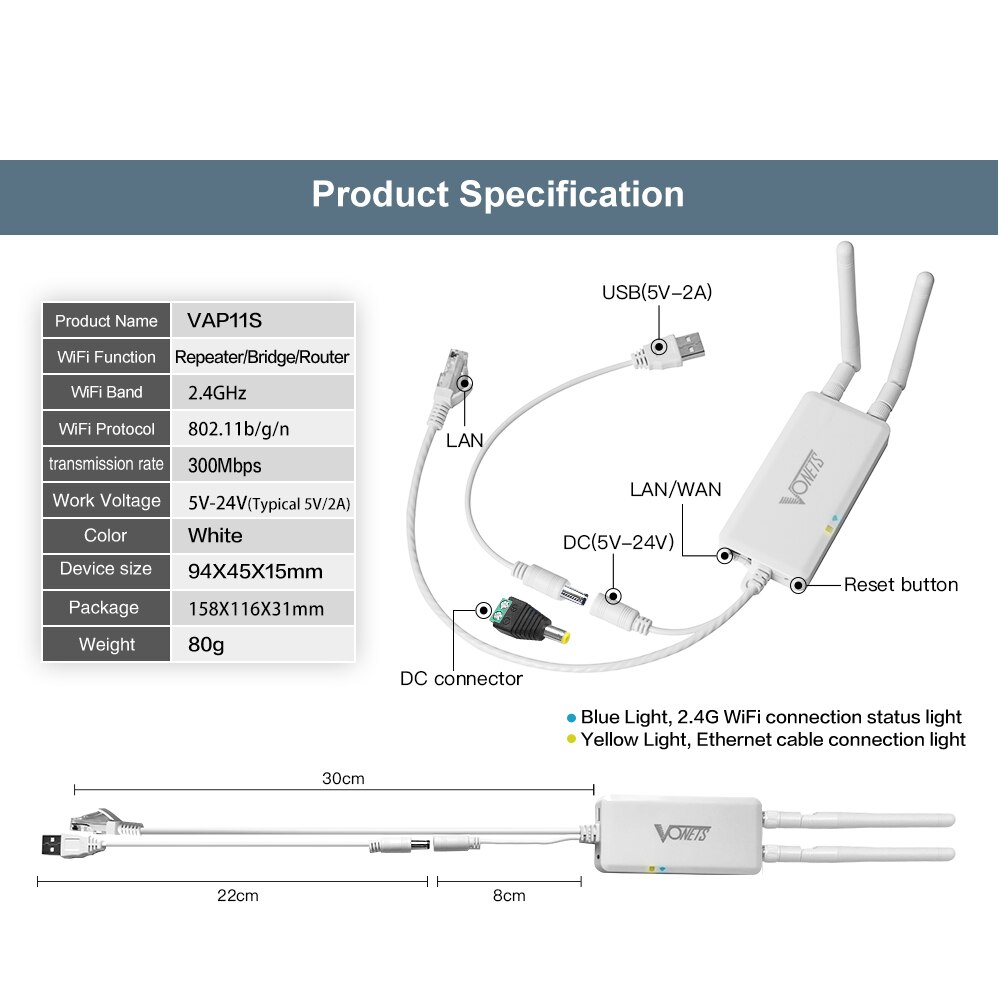 Vonets 2.4g wifi para wired ethernet ponte wifi roteador hotspot sinal impulsionador rj45 para wi-fi adaptador antenas para dvr plc tv vap11s