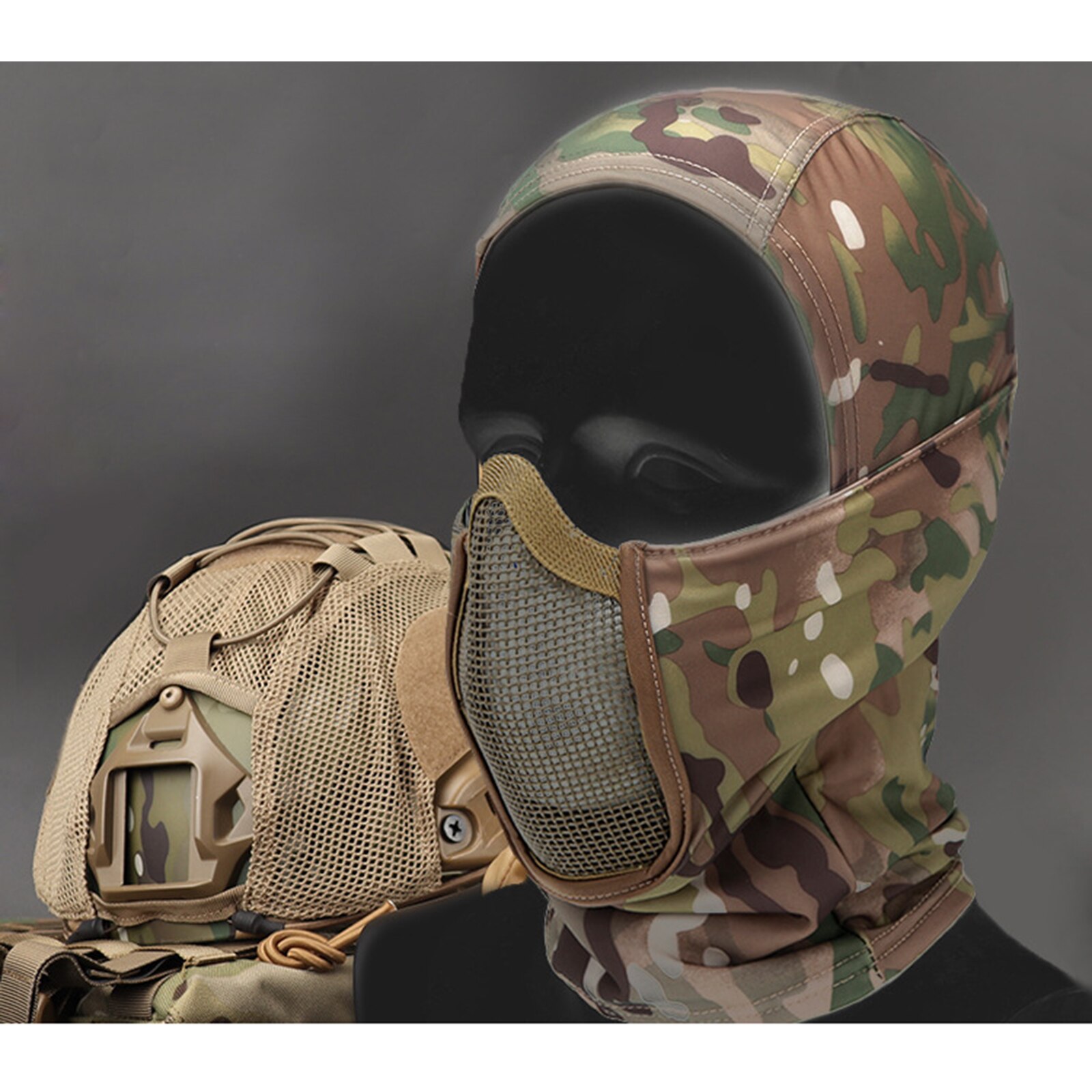 Wosport cs respirável elástico tático cabeça capa com malha de aço-cp preto