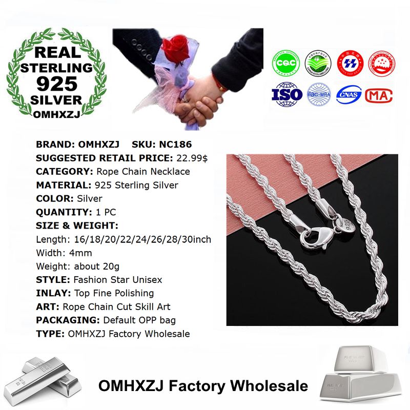 OMHXZJ Persoonlijkheid Mode Unisex Party Huwelijkscadeau Zilveren 4mm Touw Ketting 925 Sterling Zilveren Ketting Ketting NC186