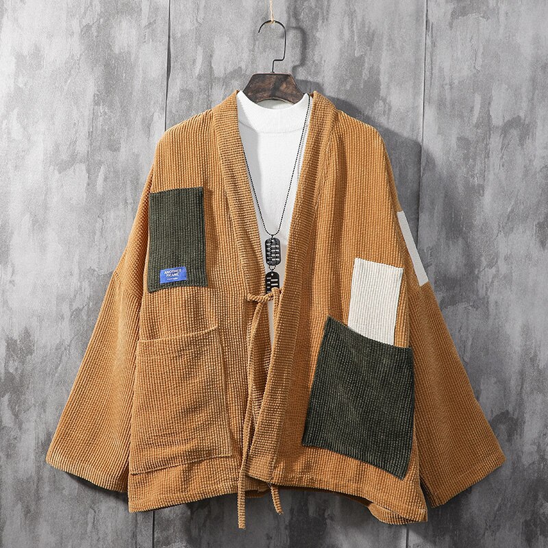 Kimono de Style japonais pour homme, manteau en velours, rétro, Harajuku, chemise femme, Streetwear, Cardigan samouraï asiatique Haori: Yellow / XL