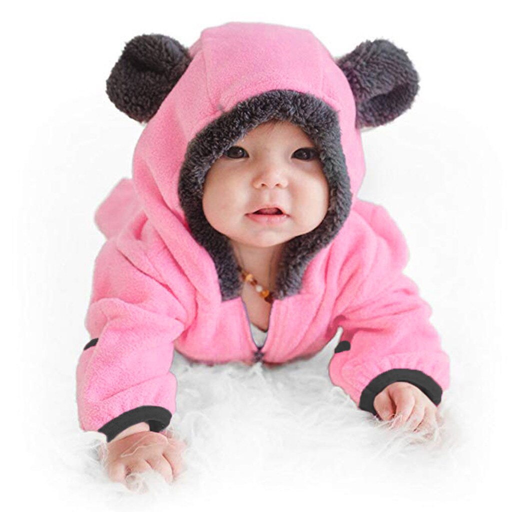 Baby Jumpsuit Baby Meisjes Jongens Winter Warm Solid Cartoon Oren Hoodie Romper Kleding Fleece Kinderkleding