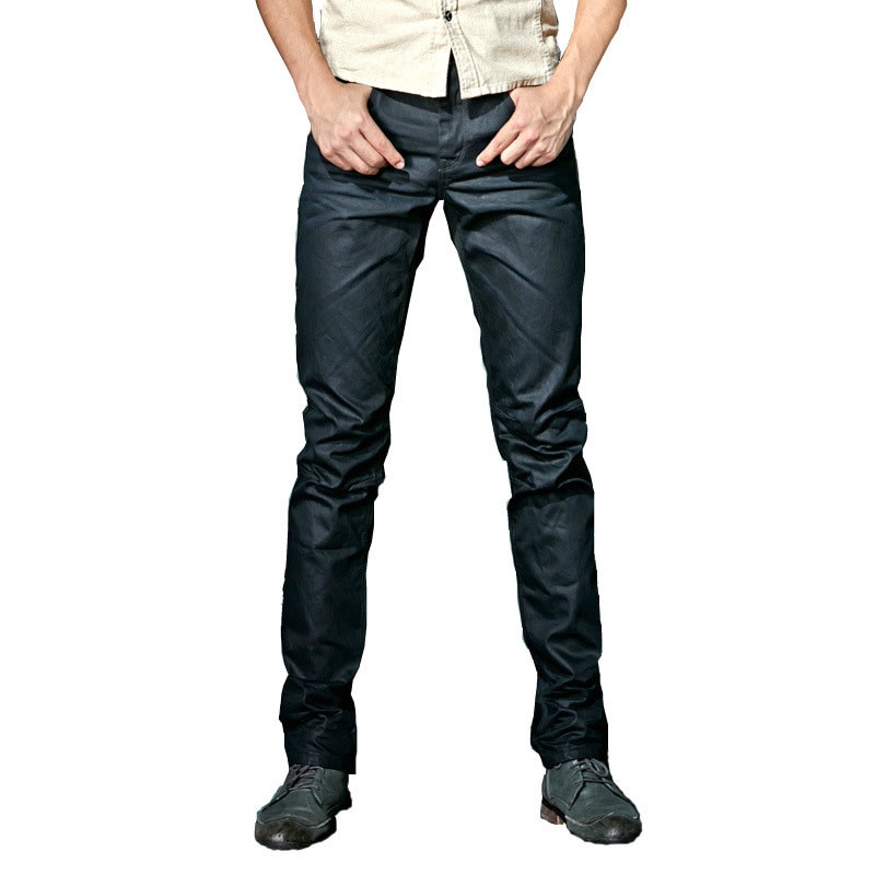 Men`s Coated Jeans Korean Cool Waxed Waxing Slim Fit Biker Denim Pants