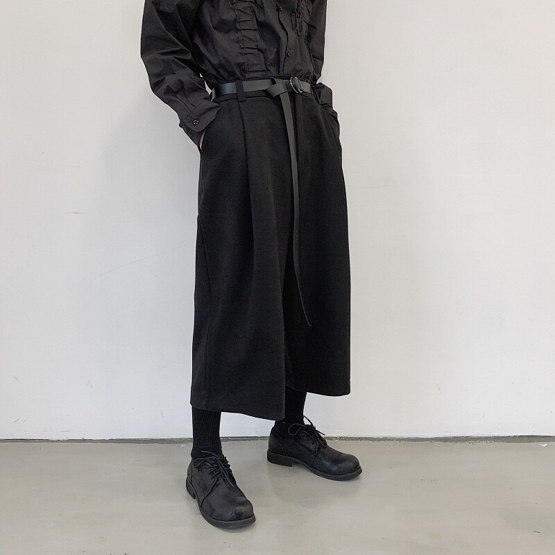Menn svart kimono bukse løs avslappet ull bukser med brede ben med belte mannlige japan streetwear hip hop gotisk rett haremsbukse