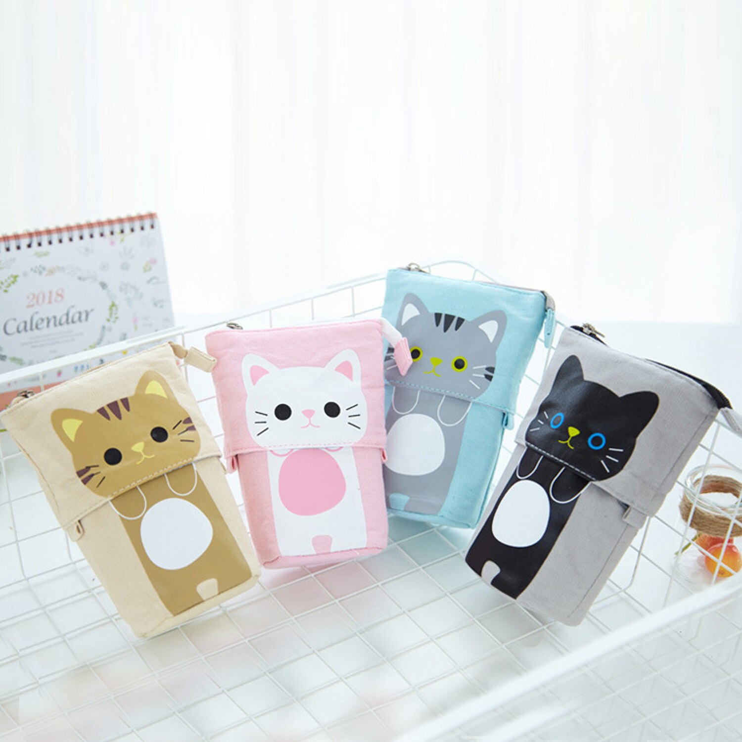 Cute Cartoon Cat Transformer Telescopic Canvas Stand Store Pencil Stationery Holder Pouch Bag Case with Zipper Closure