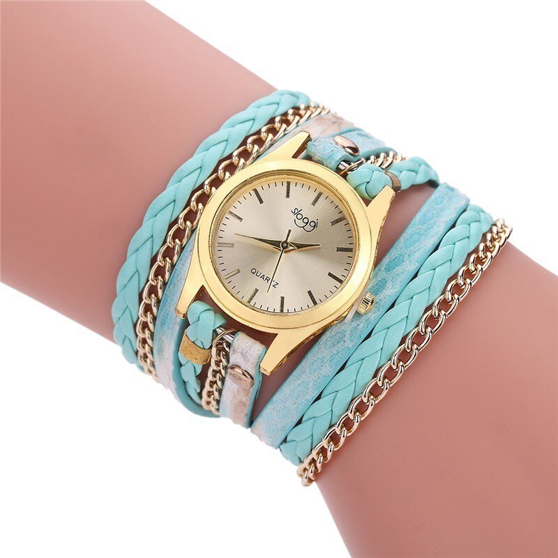 de luxe en cuir montre à Quartz femmes dames décontracté Bracelet montre-Bracelet horloge relogio feminino léopard tressé femme: Bleu ciel