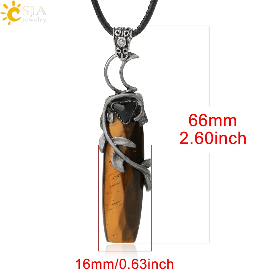 CSJA Antique Silver Color Pendant Necklaces Natural Crystal Stones Leaves Winding Faceted Rectangle Long Pendants Women Men G587