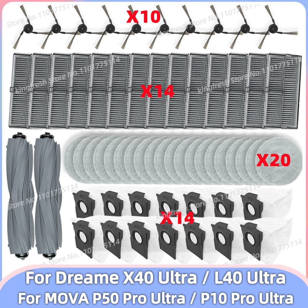 Compatible con ( Dreame X40 Ultra / L40 Ultra, MOVA P50 Pro Ultra / MOVA P50 Ultra / P10 Pro Ultra ) Piezas de Aspiradora Rodillo Principal Cepillo Lateral Filtro Paño de Limpieza Bolsa de Polvo Accesorios