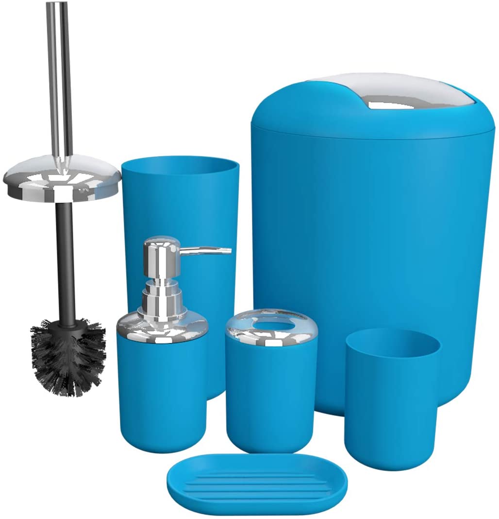Ensemble d'accessoires de salle de bain, Ensemble d'accessoires de salle de bain, porte-savon, poubelle, brosse de toilette, gobelet, Kit de produits de première nécessité, 6 pièces: Blue