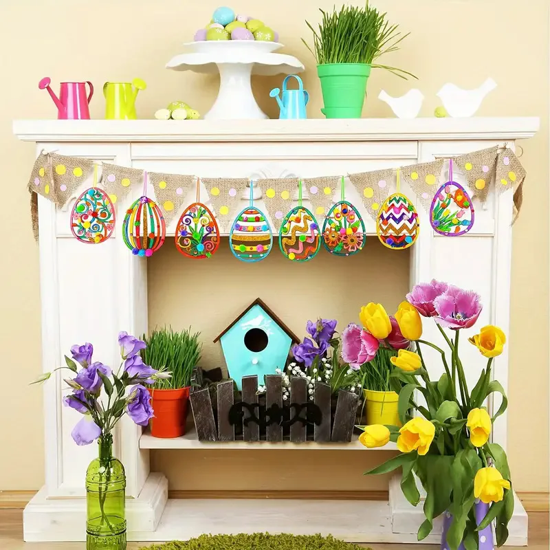 DIY Wooden Easter Egg Craft Kit Includes Unfinished Painted Egg Wall Hanging with Floral and Jagged Patterns Easter Decorations