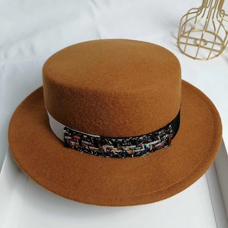 Witte zwarte winterhoed dames jazzhoed band wol panamahoed fader fedora hoed kerk kentucky derby jurk sombrero vrouw: Bruin