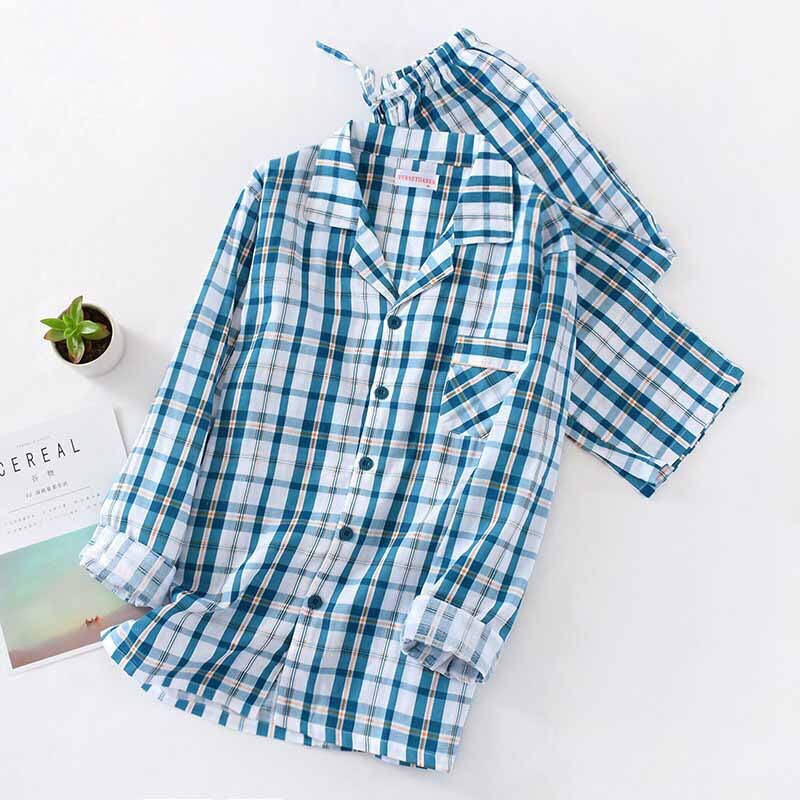 Pijamas de algodón a cuadros para hombre, ropa de dormir cómoda, holgada, informal, para el hogar, primavera y otoño