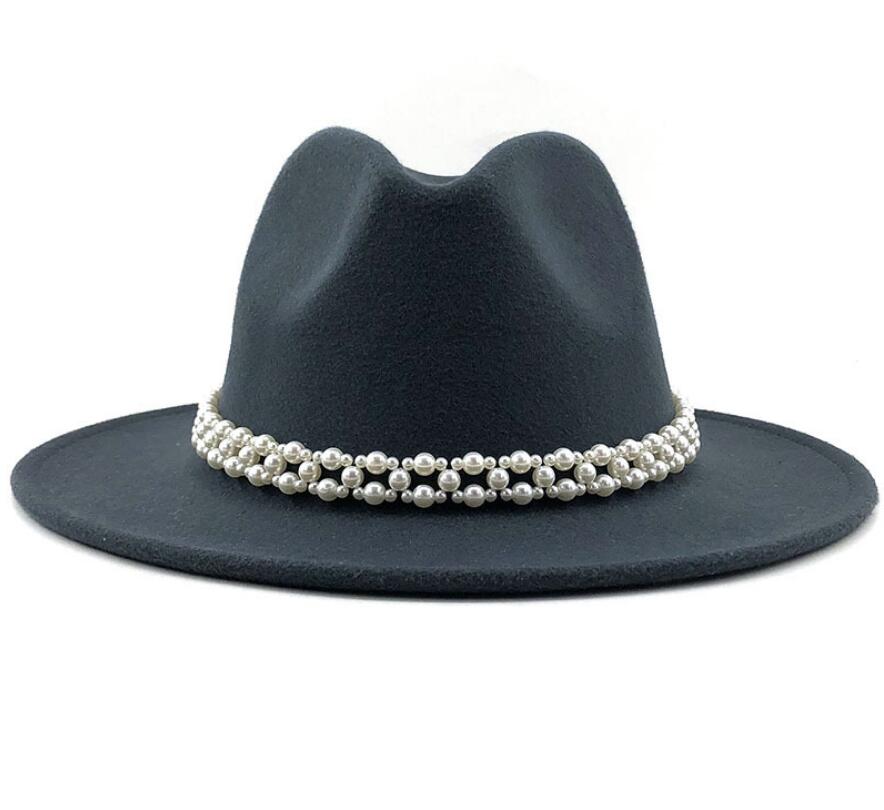 Women Wool Fedora Hat with Imitation Pearl Ribbon Gentleman Lady Winter Autumn Wide Brim Church Girl Jazz Cap: WYH-4957-17