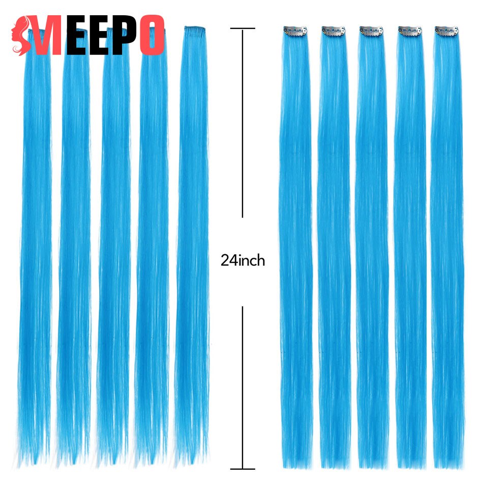 MEEPO Synthetic Hair Extensions 24 Inches Long Straight Hair 10Pieces/Set Colored Highlight Clip-In One Piece Pure Color