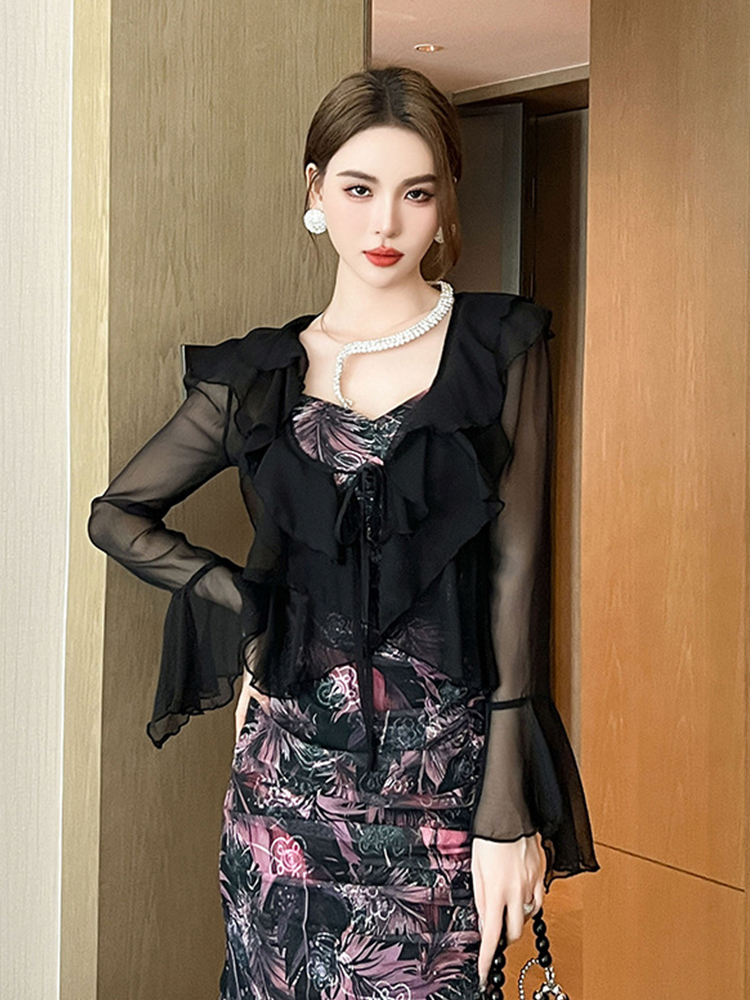 Camisa curta de chiffon elegante feminina, cardigã preto, blusas de manga flare, com renda, casaco feminino fino, férias de praia, moda doce