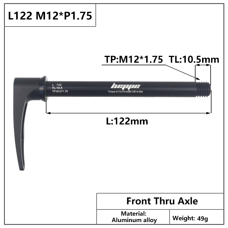HEPPE – axe de fourche avant et arrière pour vtt, 12x100, 12x110, 12x142, 12x148, dégagement rapide, M12xP1.0/P1.75: L122 M12x1.75