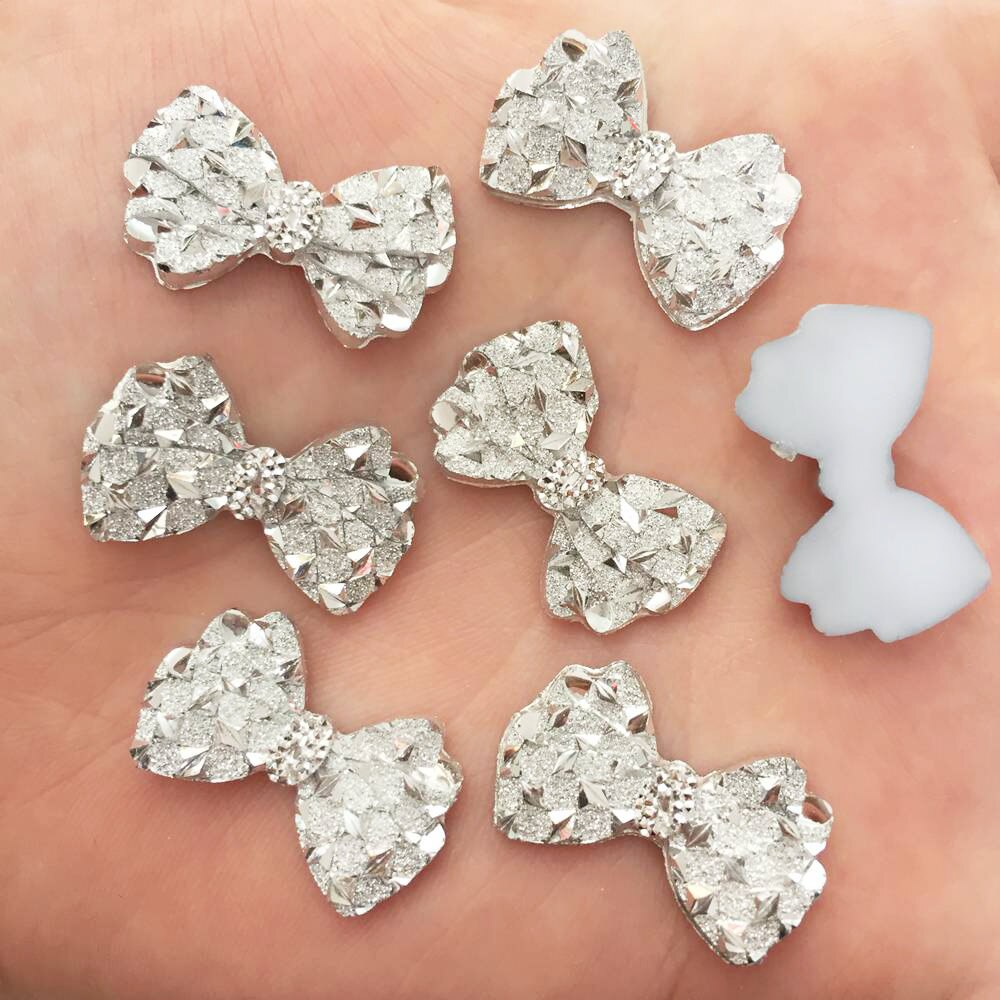 40 Pcs Resin Leuke zilveren Boog Flat terug rhinestone scrapbook DIY Bruiloft applique ornament haarspeld accessoires Ambachten SF549