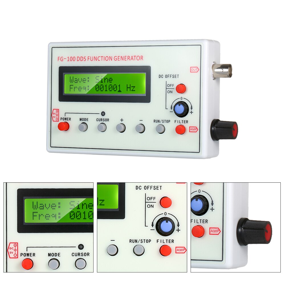 1HZ-500KHZ FG-100 DDS Functional Signal Generator Sine Triangle Square Sawtooth ECG Noise Output Source Module Frequency Counter