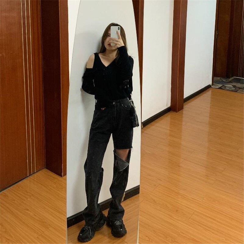 Ripped jeans til kvinder plus størrelse 5xl højtaljede mom jeans vintage sorte denimbukser fuld længde bukser harajuku hult hul